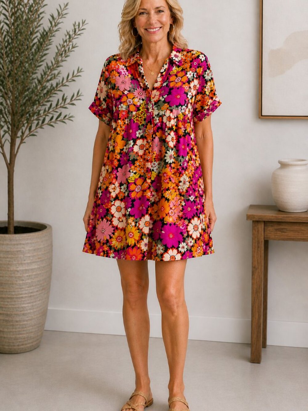 Entro Floral Button Front Mini Dress A Line Side Pocket Boho Hippie Sz M
